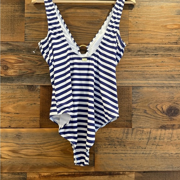 Jones New York Navy and White Striped One Piece Swimsuit with Gold Detail NEW - Picture 4 of 7